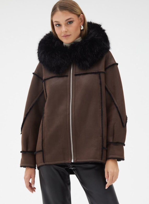 Женская дубленка из эко кожи с капюшоном
