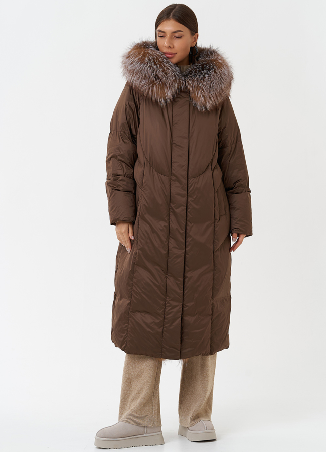 фото Женский пуховик с отделкой из меха лисы модель № 28830