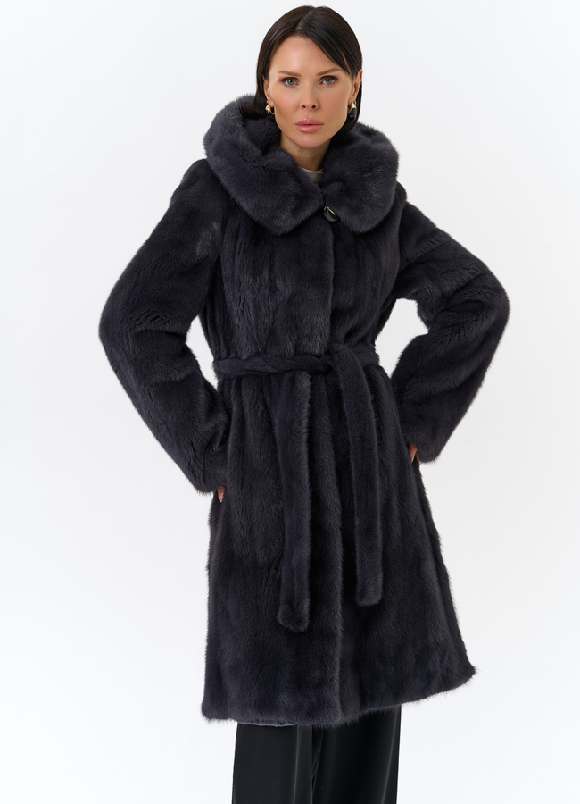 Норковая шуба с поясом модель № 31158 меха малина