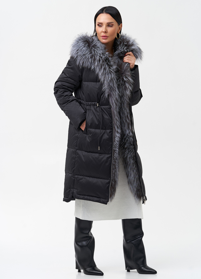 Женский пуховик с отделкой из меха чернобурки модель № 28524 универмаг малина