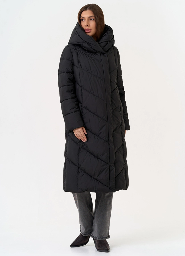 Женский пуховик черного цвета с поясом модель № 31603 универмаг малина