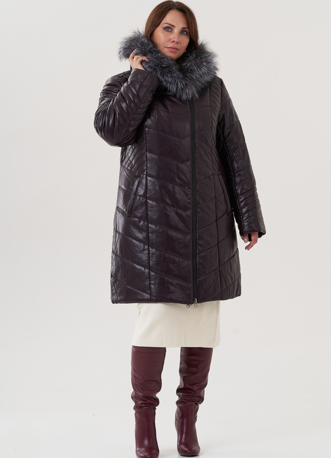 Пуховик из эко кожи с капюшоном на молнии модель № 25703 в рассрочку