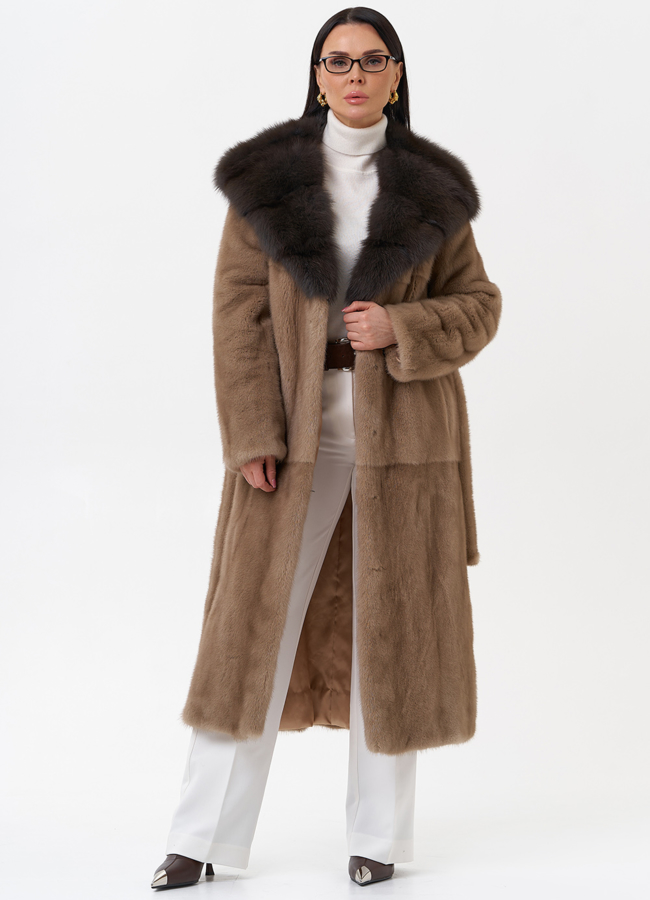 Длинная шуба из норки с куницей модель № 29531 универмаг малина