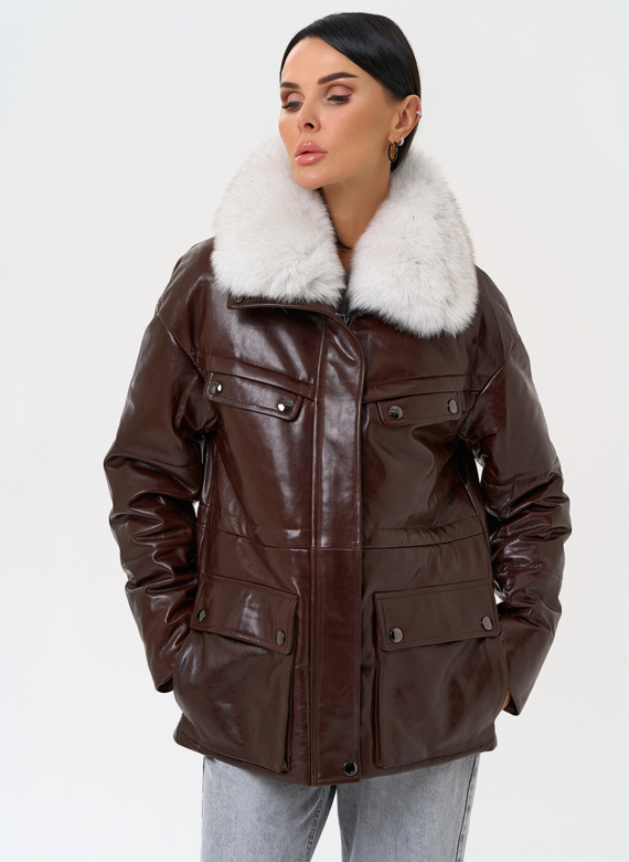 Коричневый кожаный пуховик