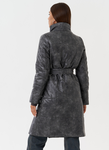 Пуховик из эко кожи с поясом