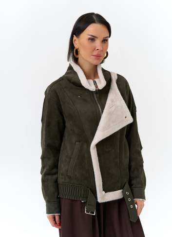 Женская дубленка бомбер из эко замши