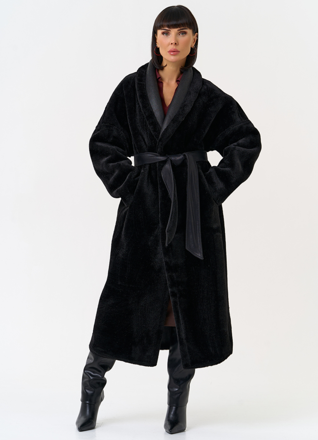 Женская двухсторонняя дубленка из эко замши с воротником шаль модель № 31506 в рассрочку