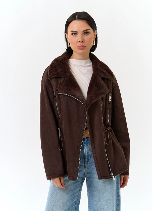 Женская дубленка из эко замши модель № 32792 универмаг малина