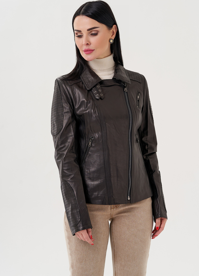 Женская кожаная куртка модель № 10634 меха малина