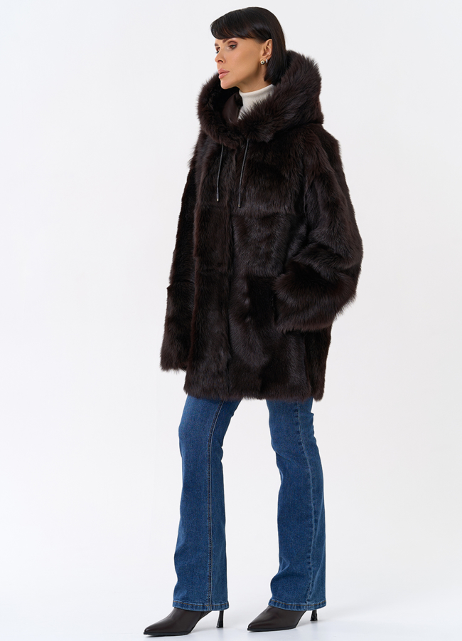 фото Женская двухсторонняя дубленка с капюшоном модель № 31851