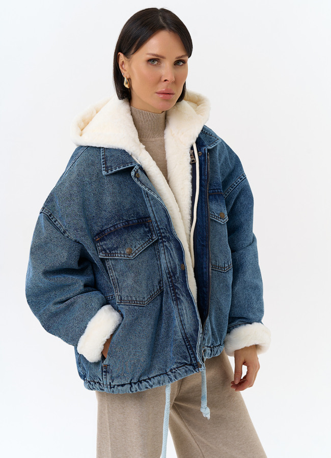 Женская утепленная джинсовая куртка с отделкой из эко меха модель № 31912 универмаг малина