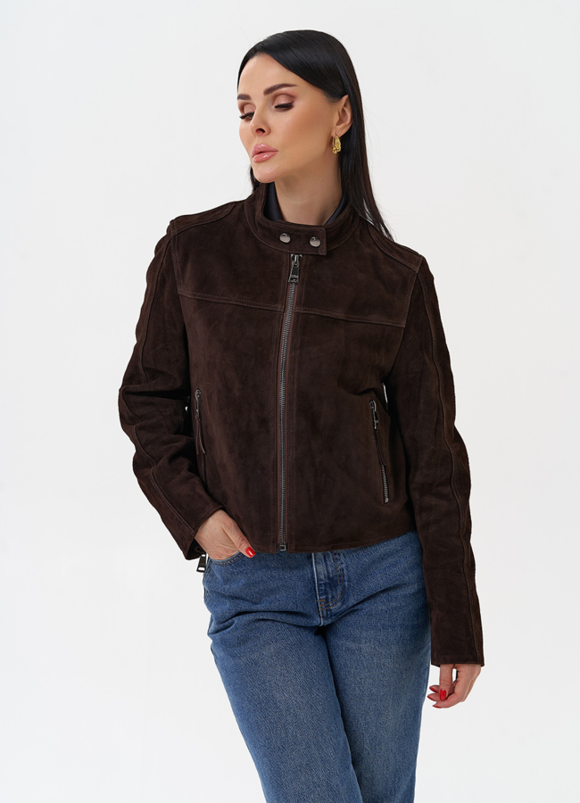 Женская куртка из замши модель № 29907 меха малина