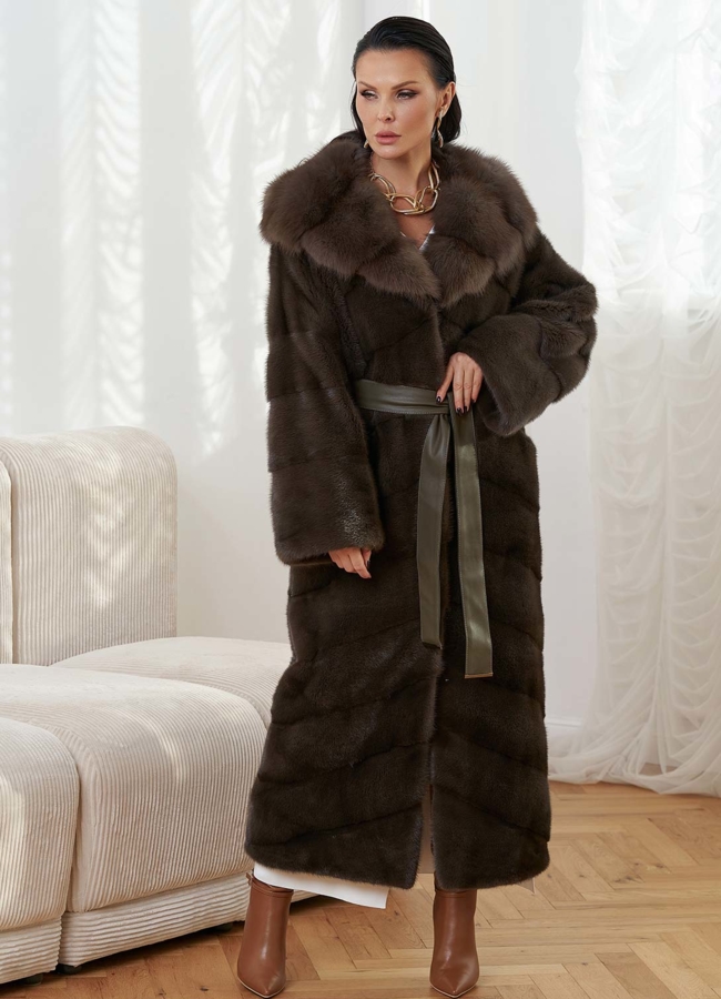 фото Норковая шуба с отделкой из меха куницы модель № 28667