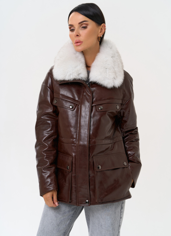 Коричневый кожаный пуховик