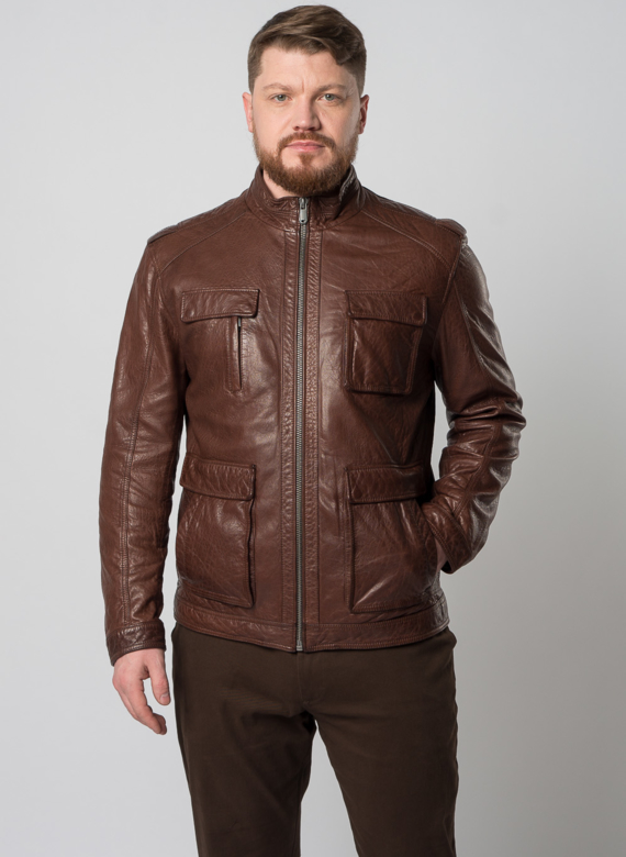 Мужская кожаная куртка коричневого цвета