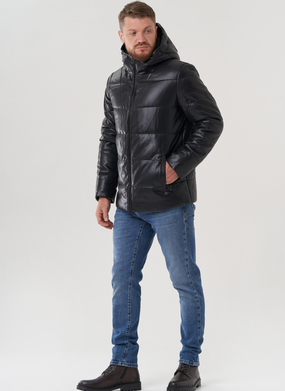 Пуховик мужской из эко кожи с капюшоном 