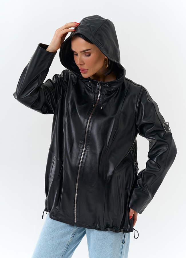 Женская куртка из натуральной кожи с капюшоном модель № 32875 универмаг малина