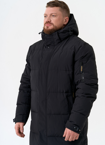 Мужской удлиненный пуховик с капюшоном