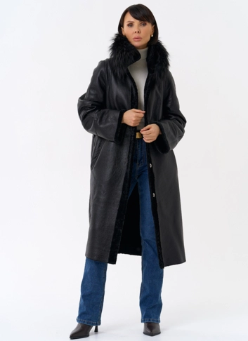 Женская двухстороняя дубленка с воротником из меха чернобурой лисы