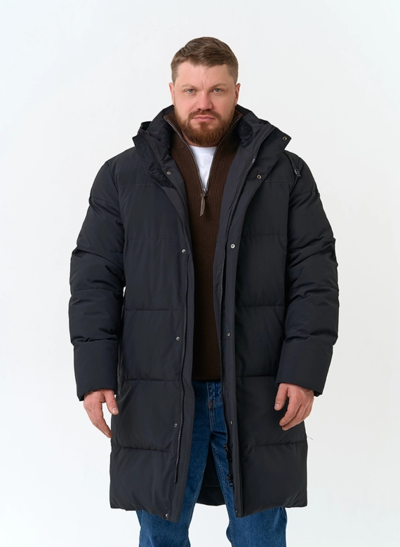 Удлиненный мужской пуховик с капюшоном фото