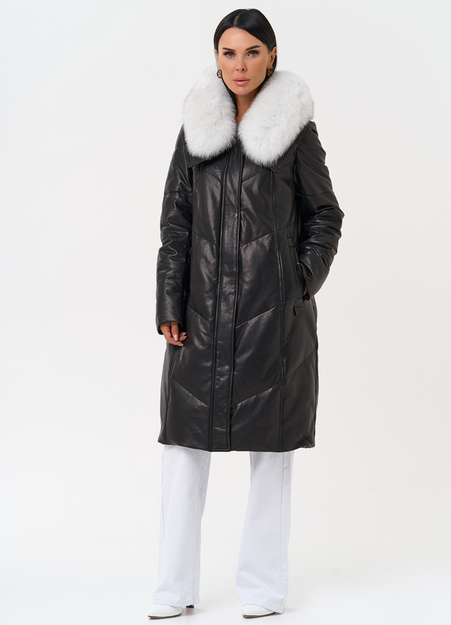 Длинный пуховик из натуральной кожи модель № 31568 универмаг малина
