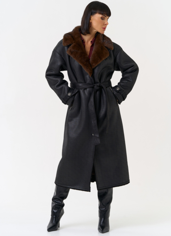 Женская дубленка из эко замши с английским воротником