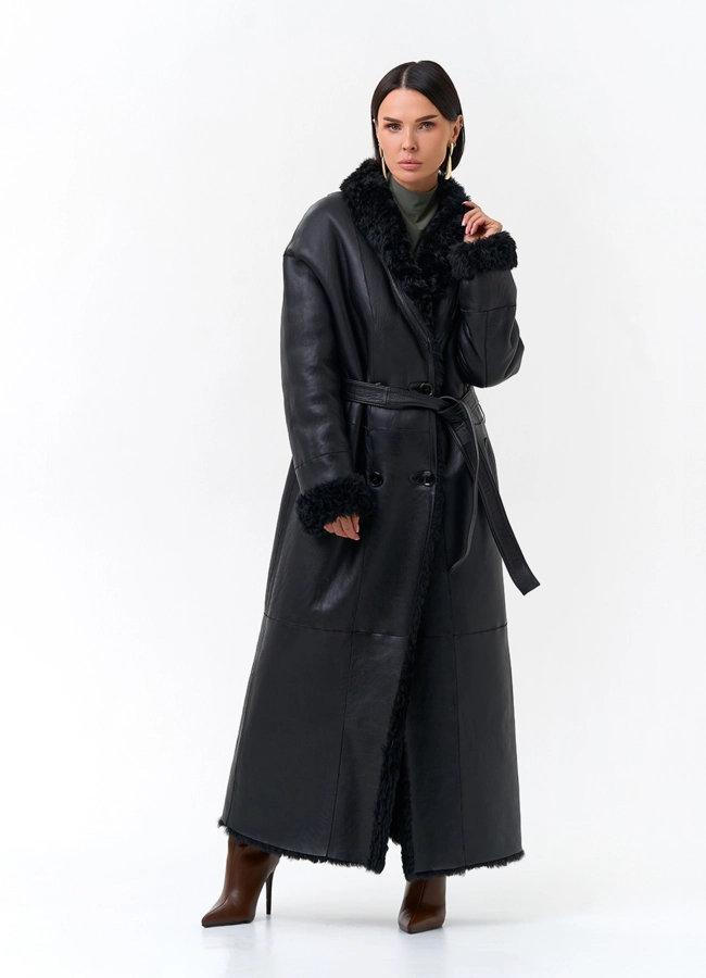 Двусторонняя женская дубленка из овчины в черном цвете модель № 31988 в кредит