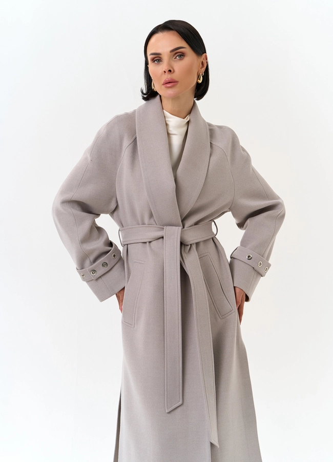 Женское длинное пальто с поясом модель № 32852 универмаг малина