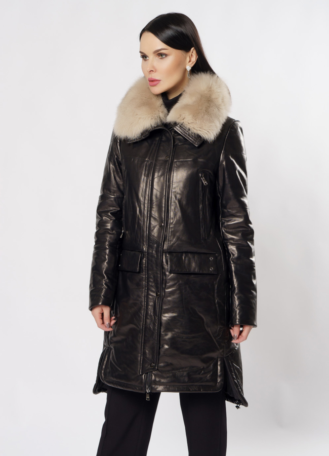 Пуховик из натуральной кожи на молнии черного цвета модель № 917 в кредит
