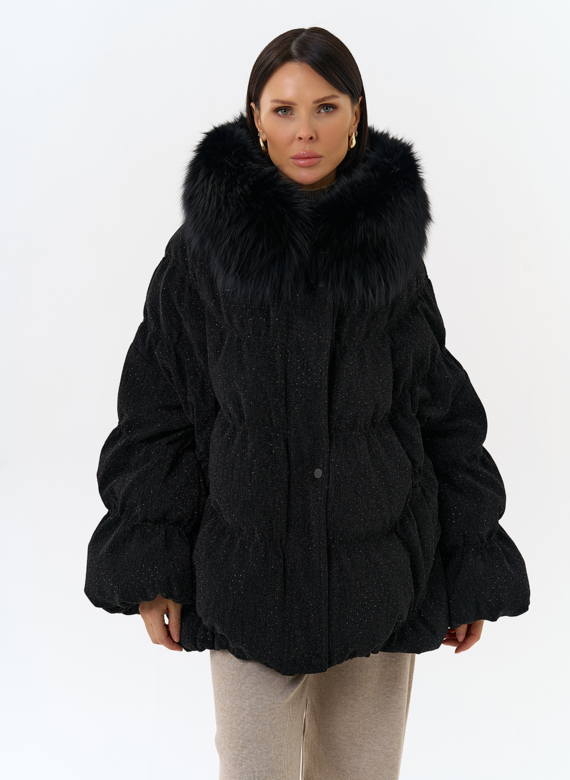 Женский блестящий пуховик с отделкой из меха чернобурки