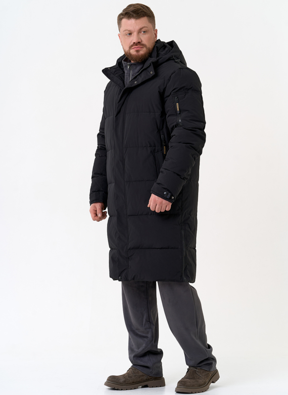Мужской удлиненный пуховик с капюшоном