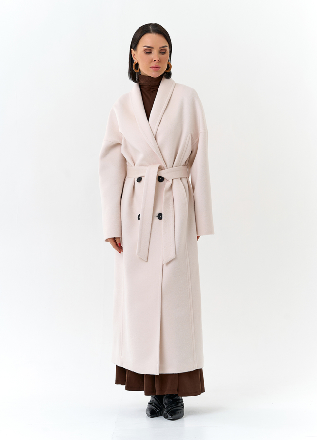 Светлое женское пальто с воротником шаль модель № 32726 универмаг малина