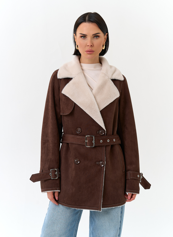 Женская дубленка из эко замши с английским воротником