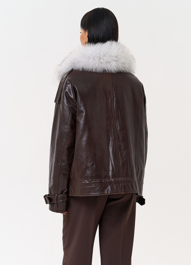 Короткий пуховик из натуральной кожи модель № 31371 в кредит