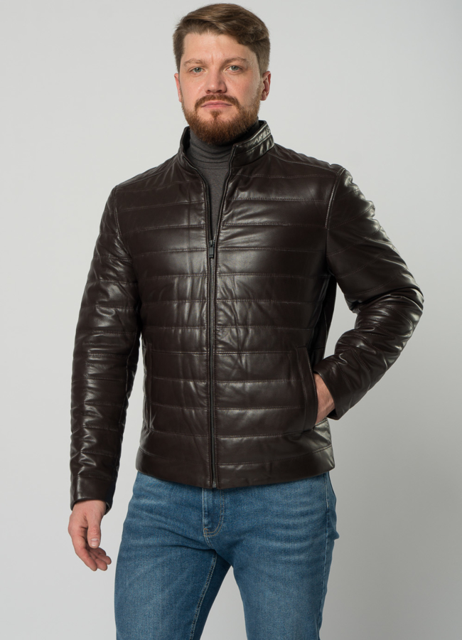 Мужская  утепленная куртка из натуральной кожи коричневого цвета модель № 20551 универмаг малина