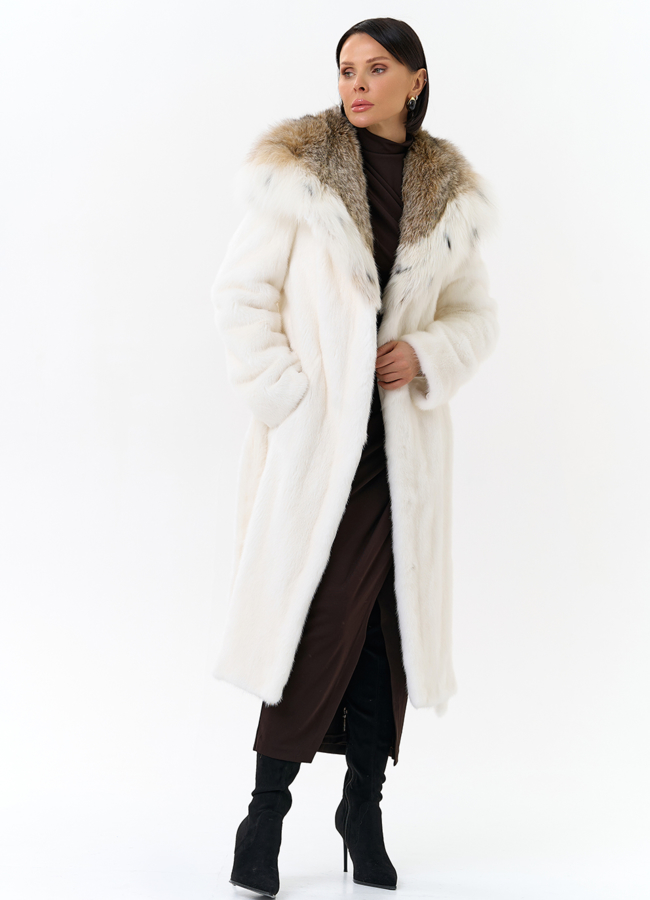 Шуба из белой  норки с капюшоном из рыси модель № 25001 универмаг малина