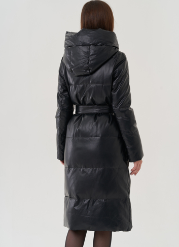 Женский пуховик из эко кожи с капюшоном