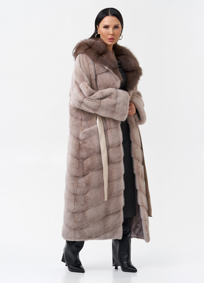 Длинная шуба из норки с капюшоном модель № 28128 универмаг малина