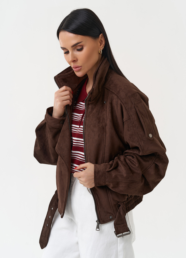 Женская куртка бомбер из эко замши коричневого цвета модель № 30446 универмаг малина