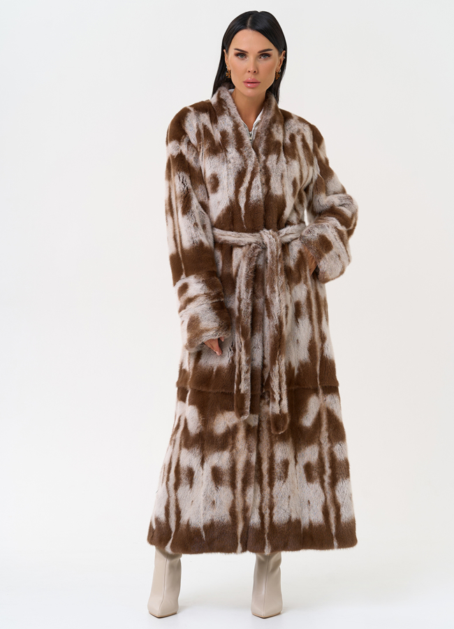 Шуба из норки с анималистичным принтом модель № 31173 меха малина