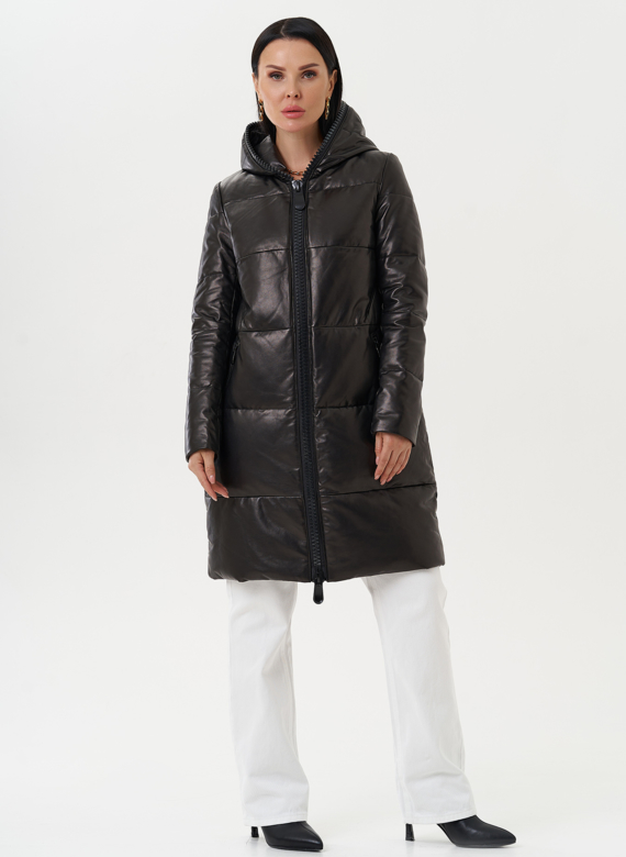 Кожаный пуховик с капюшоном