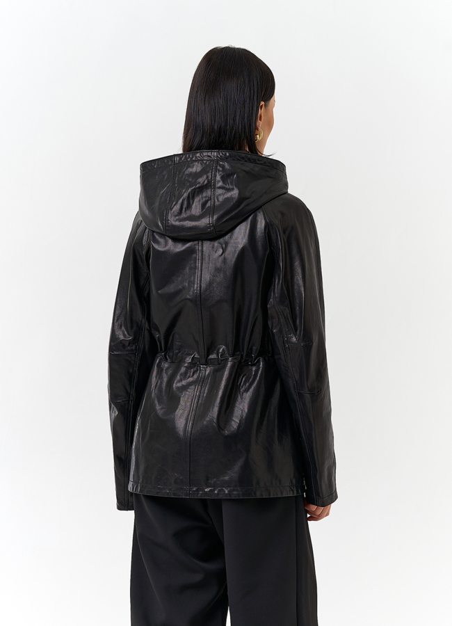 Женская куртка из натуральной кожи  с капюшоном модель № 32528 в кредит