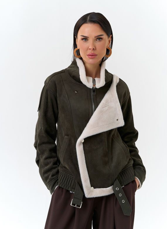 Женская дубленка бомбер из эко замши
