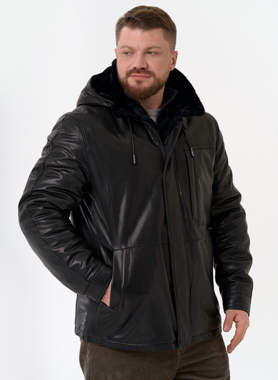 Мужская дубленка черного цвета с капюшоном