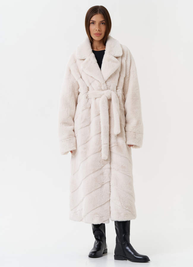 фото Шуба из эко меха с поясом модель № 28426