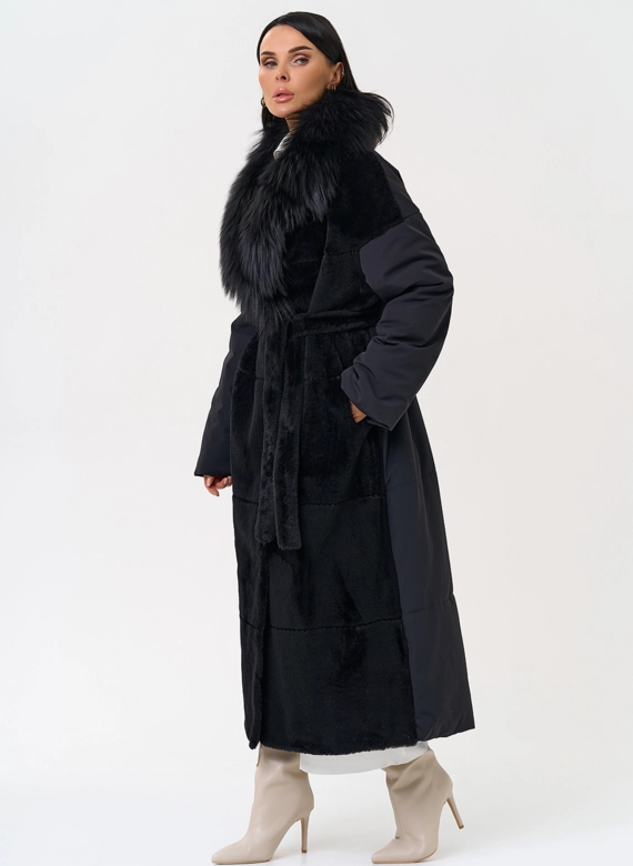 Комбинированное женское зимнее пальто в черном цвете